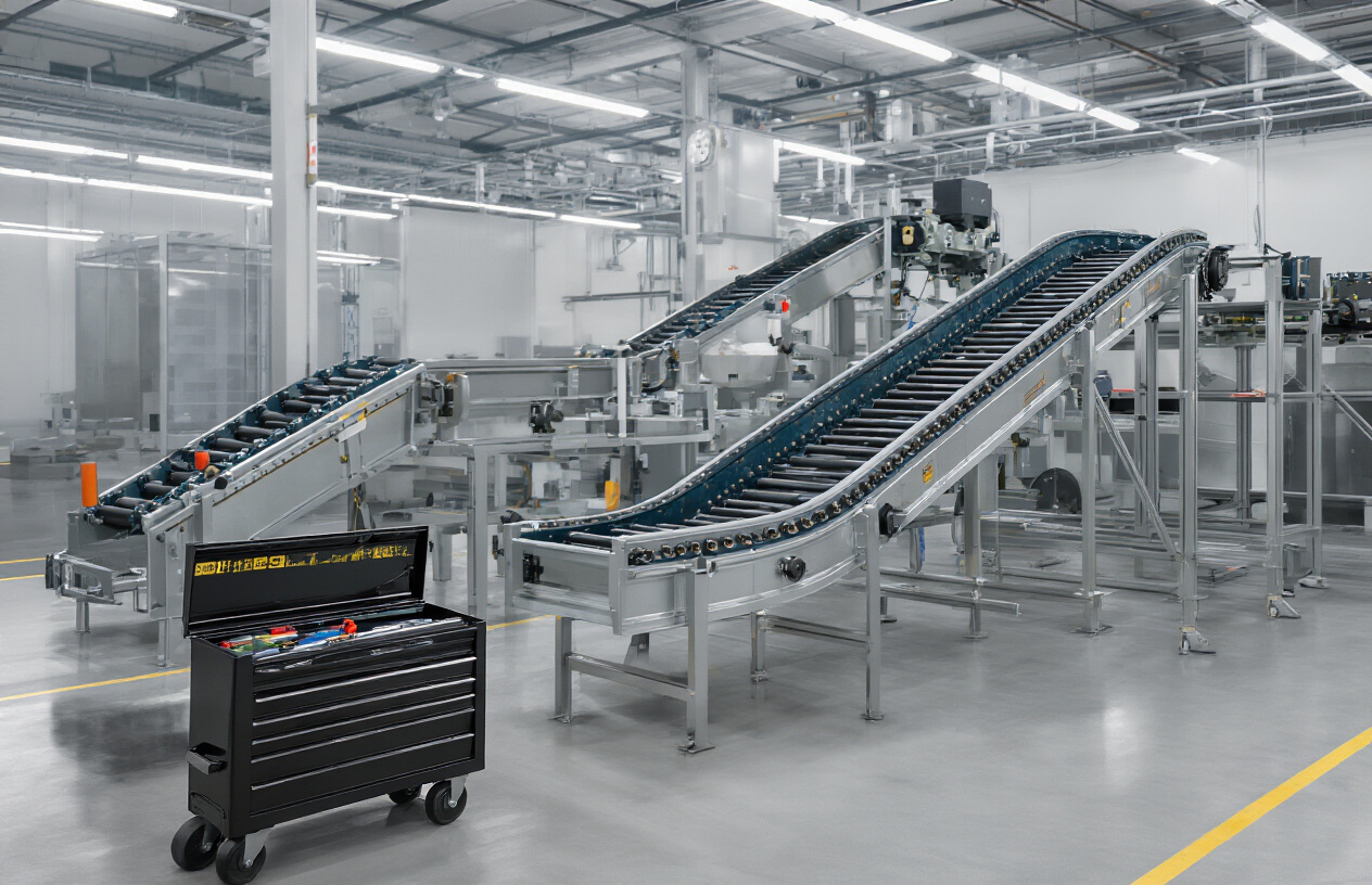 Create a realistic image of a modern industrial conveyor system with visible idlers, pulleys, and drive mechanisms, showing the complete assembly in a clean manufacturing environment with soft industrial lighting highlighting the key components, with a maintenance checklist and toolbox in the foreground suggesting proper upkeep.